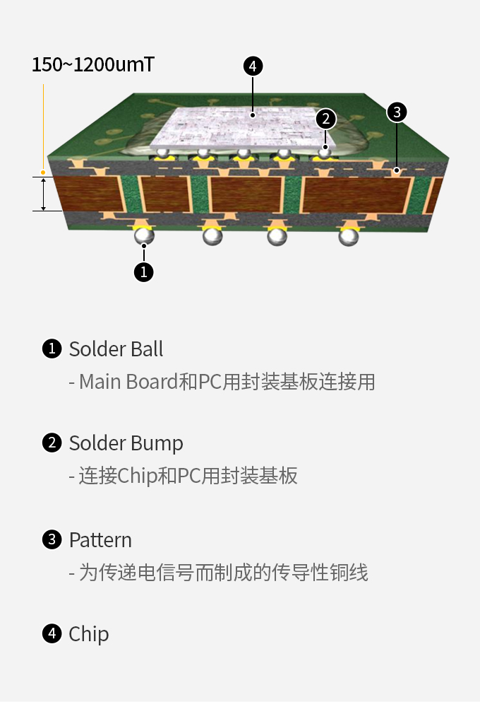 FCBGA(Flip Chip Ball Grid Array) [1.Solder Ball, 2.Solder Bump, 3.Pattern, 4.Chip]