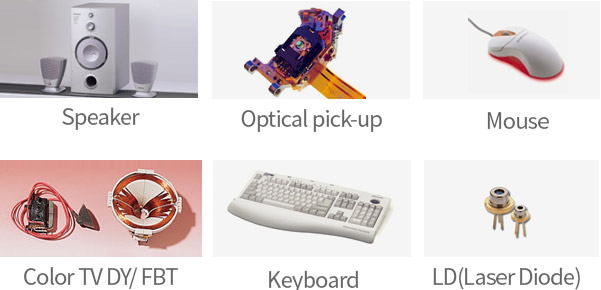 Speaker, Optical pick-up, Color TV DY/ FBT, Keyboard, Mouse, LD(Laser Diode)