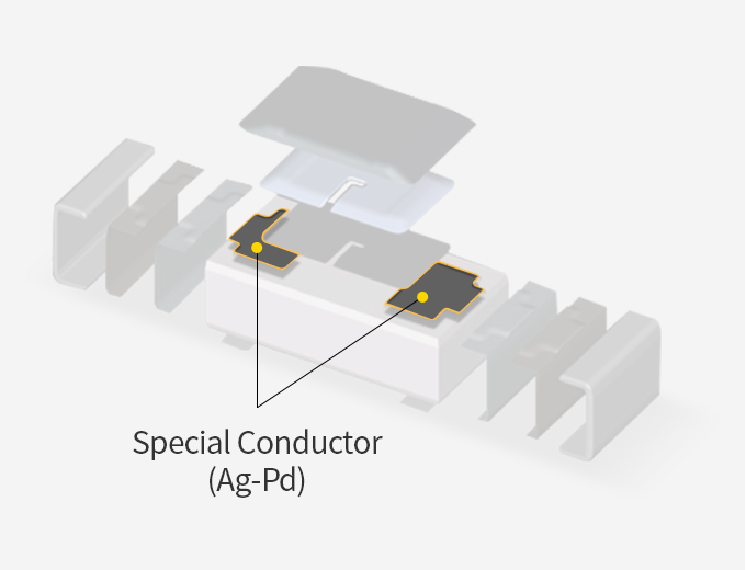Anti Sulfur Resistor 부품에 적용 되어있는 Special Conductor(Ag-Pd) 모습 이미지.
